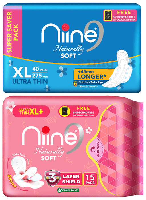 Niine Combo Pack of Naturally Soft Ultra Thin XL (40 Each) & XL+ (15 Each) Sanitary Pads with Biodegradable Disposable Bags