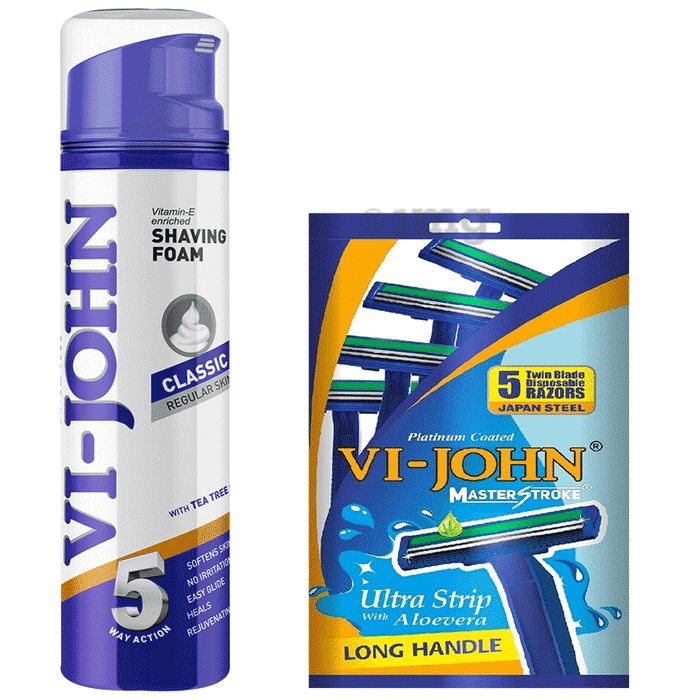 Vi-John Combo Pack of Vitamin E Enriched 5 Way Action Shaving Foam (200ml) & Platinum Plated Master Stroke Razor (5) Classic Regular Skin