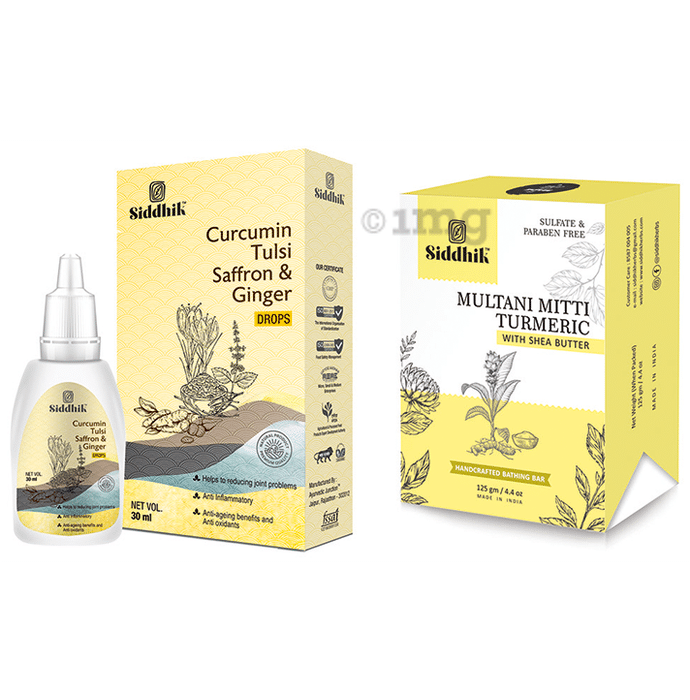 Siddhik Combo Pack of Curumin Tulsi Saffron & Ginger Drop (30ml) and Multani Mitti Turmeric With Shea Butter Soap (125gm)
