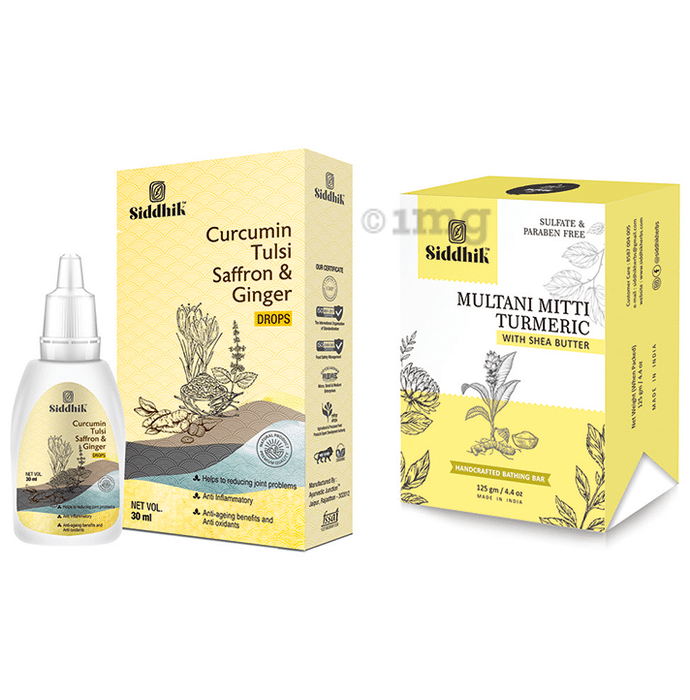 Siddhik Combo Pack of Curumin Tulsi Saffron & Ginger Drop (30ml) and Multani Mitti Turmeric With Shea Butter Soap (125gm)