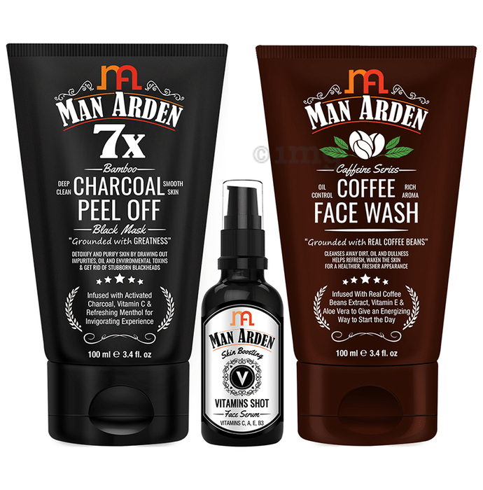 Man Arden Combo Pack of Charcoal Peel Off Mask 100ml, Vitamins Shot Face Serum 30ml & Recharge Coffee Face Wash 100ml