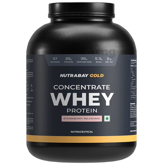 Nutrabay Gold Concentrate Whey Protein for Muscle Recovery | No Added Sugar Powder Strawberry Milkshake