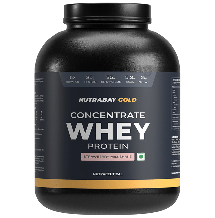 Nutrabay Gold Concentrate Whey Protein for Muscle Recovery | No Added Sugar Powder Strawberry Milkshake