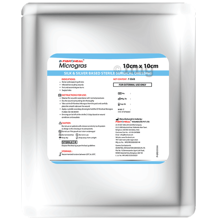 D-Fibroheal Microgras Silk and Silver Based Sterile Surgical Dressing 10cm x 10cm