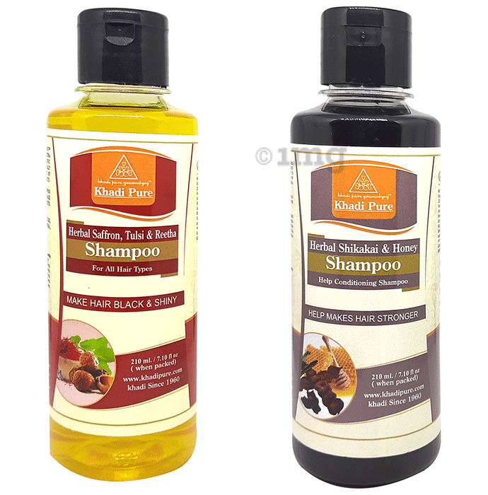 Khadi Pure Combo Pack of Herbal Saffron,Tulsi & Reetha Shampoo & Herbal Shikakai & Honey Shampoo (210ml Each)