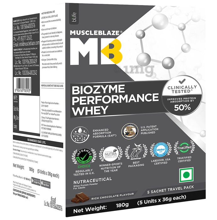Muscleblaze Biozyme Performance Whey Protein Sachets (36gm Each) Rich Chocolate