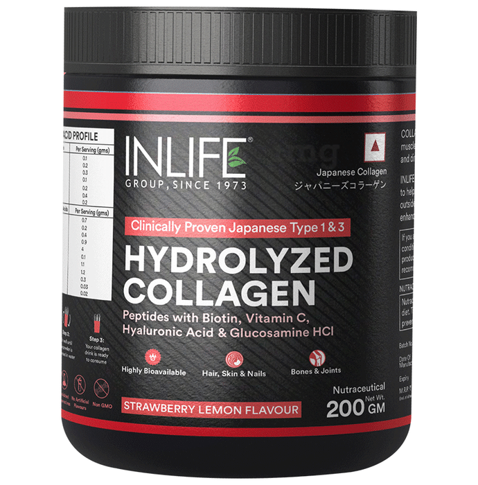 Inlife Hydrolyzed Type 1 & 3 Collagen Peptides | Powder for Skin, Joints & Muscles | Strawberry Lemon