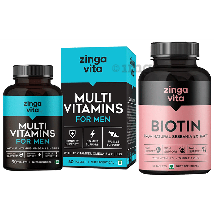 Zingavita Combo Pack of Biotin with Zinc, Vitamin C & E Tablet & Multivitamin  Tablet for Men (60 Each)