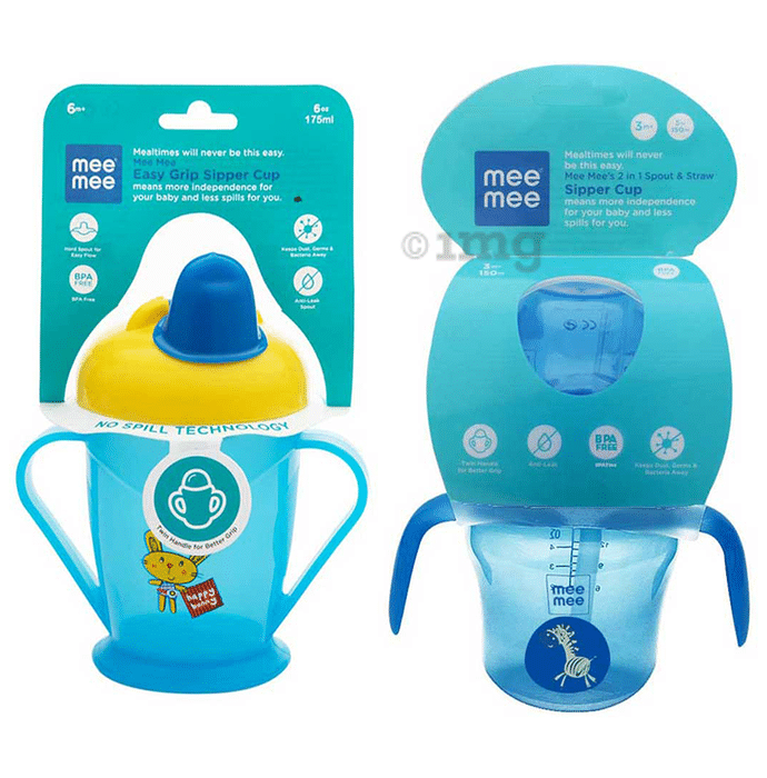 Mee Mee Combo Pack of Easy Grip Sipper Cup with Twin Handle,Blue Color (180ml) & 2 in 1 Spout and Straw Sipper Cup,Blue Color (150ml)