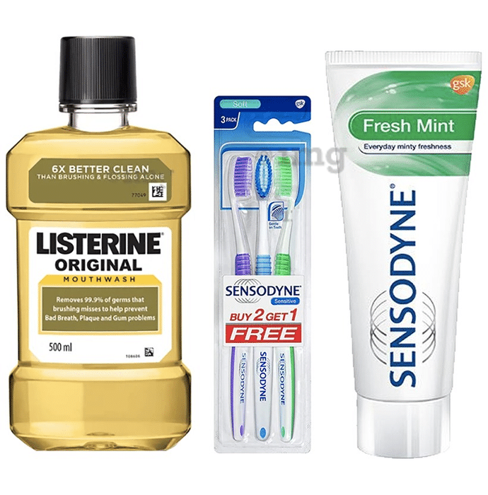 Oral Care Combo of Listerine Original Mouth Wash 500ml, Sensodyne Sensitive Soft Gentle on Teeth Toothbrush Buy 2 Get 1 Free and Sensodyne Fresh Mint Toothpaste 150gm