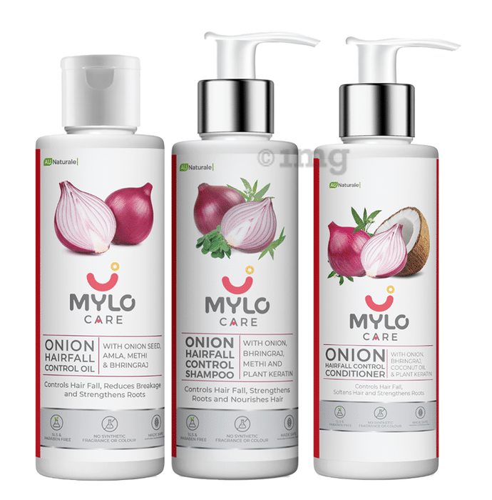 Mylo Combo Pack of Onion Hair Fall Control Oil,Onion Hair Fall Control Shampoo and Onion Hair Fall Control Conditioner (600ml Each)