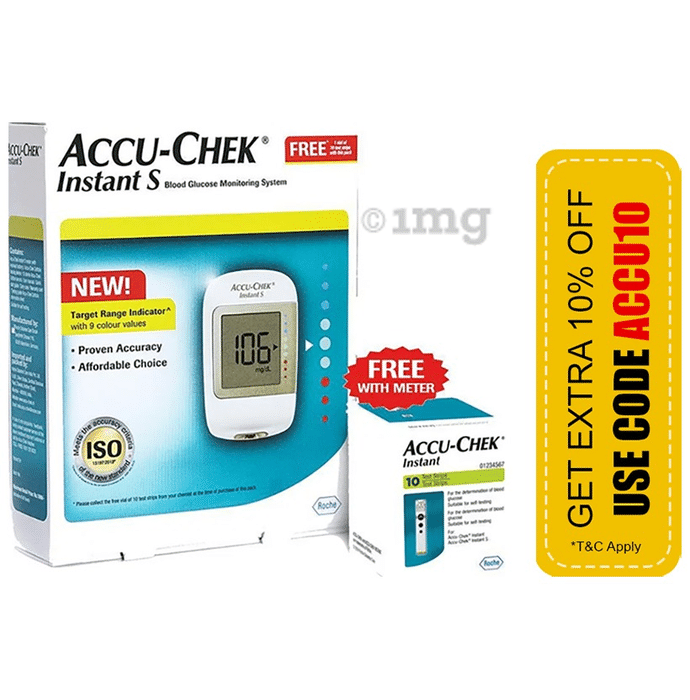 Accu-Chek Instant S Blood Glucometer with 10 Test Strips Free
