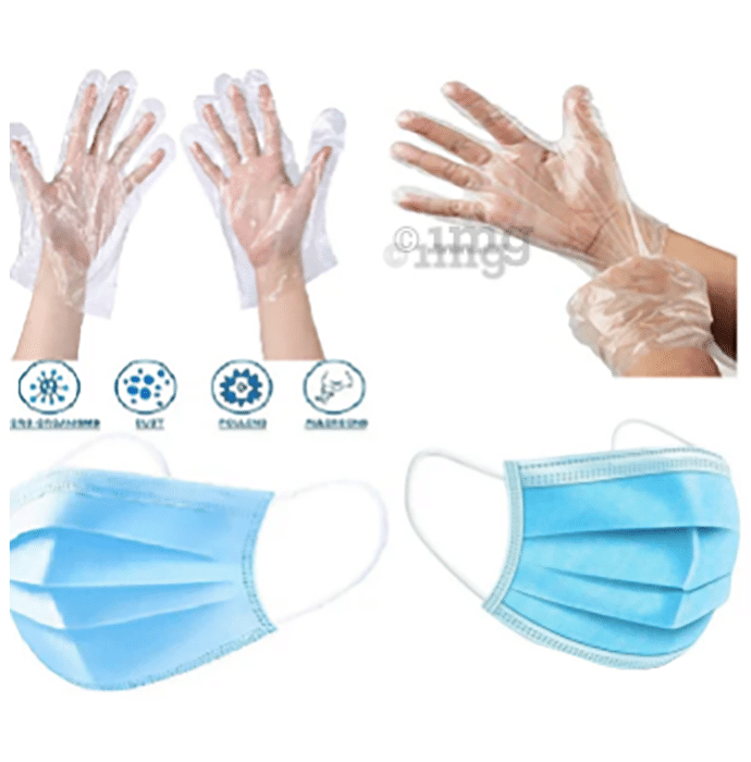 Fine Morning Pharma Combo Pack of Disposable 3 Ply Surgical Face Mask with Nosepin and Transparent Disposable Plastic Hand Gloves (100 Each)