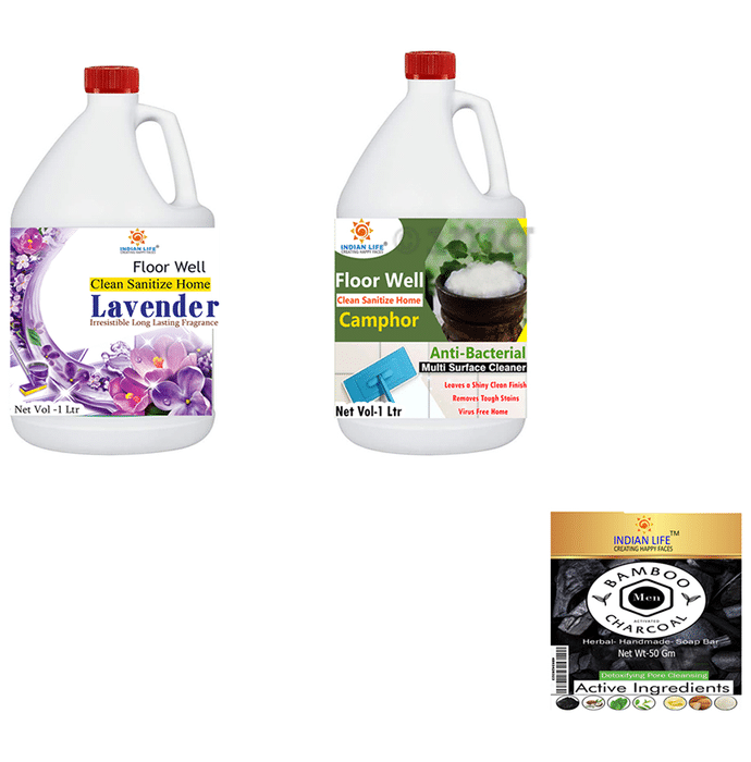 Indian Life Combo Pack of Floor Well Disinfectants Lavender & Camphor (1ltr Each) with Charcoal Soap (50gm) Free