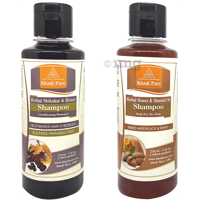 Khadi Pure Combo Pack of Herbal Honey & Almond Oil Shampoo & Herbal Shikakai & Honey Shampoo SLS Free & Paraben Free (210ml Each)