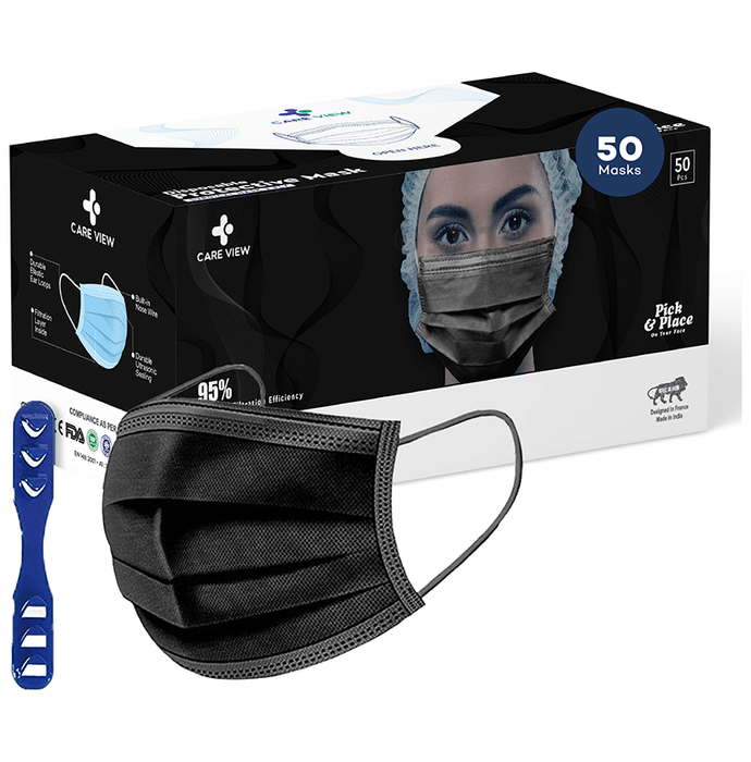 Care View CV2992 Sitra Approved 3 Ply Colored Disposable Surgical Mask with Built in Metal Nose Pin and 1 Melt Blown Layer (50 Each) Black