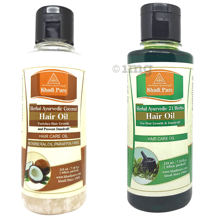 Khadi Pure Combo Pack of Herbal Ayurvedic 21 Herbs & Herbal Ayurvedic Coconut Hair Oil (210ml Each)