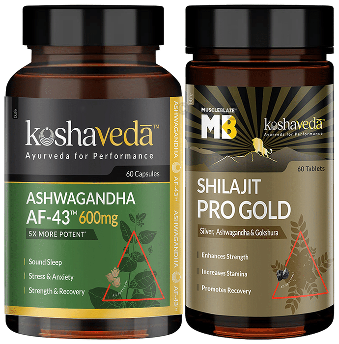 Koshaveda Combo Pack of Ashwagandha AF 43 600mg Capusle (60) and Shilajit Pro Gold Tablet (60)