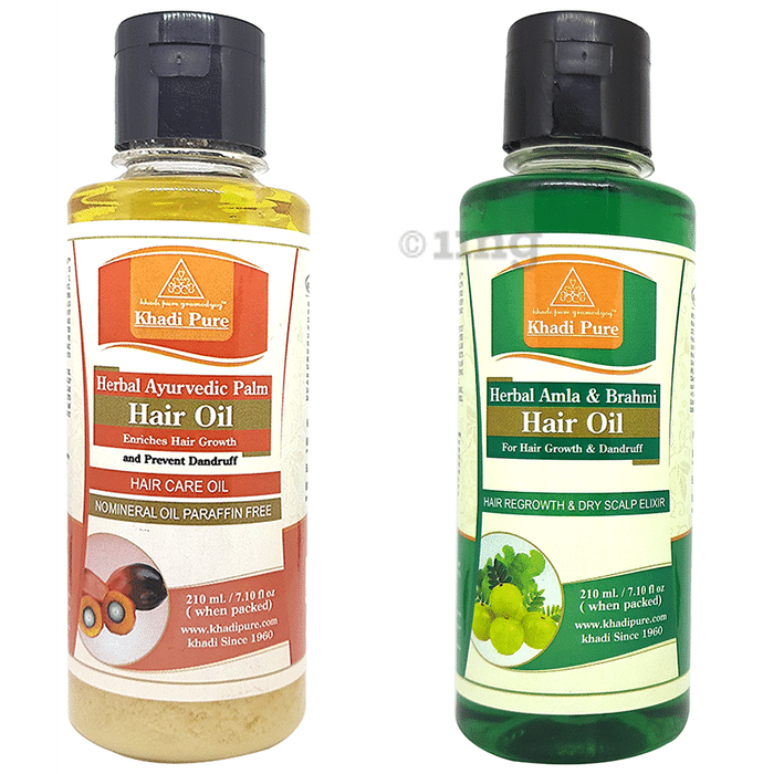 Khadi Pure Combo Pack of Herbal Amla & Brahmi Hair Oil & Herbal Ayurvedic Palm Hair Oil (210ml Each)