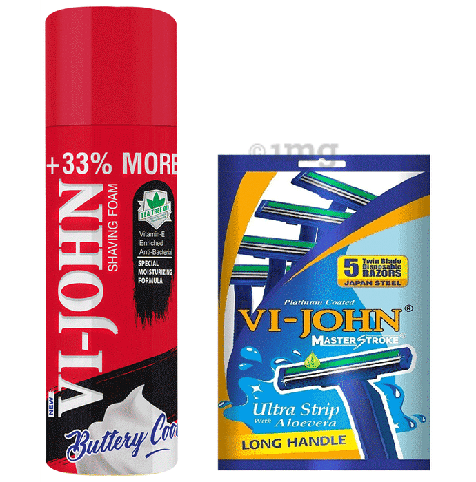 Vi-John Combo Pack of Buttery Cool Tea Tree Oil Shaving Foam (400gm) & Platinum Plated Master Stroke Razor (5) Special Moisturizing formula