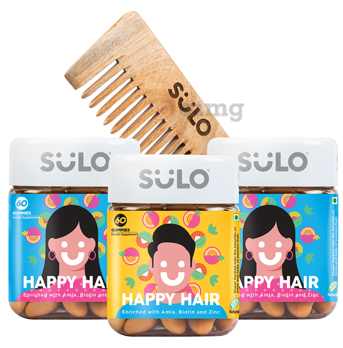 Sulo Nutrition Combo Pack of 2 Jar of Happy Hair Gummies for Women and 1 Jar of Happy Hair Gummies for Men (60 Each) with Neem Wood Comb Free