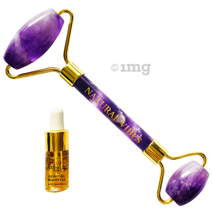 Natural Vibes Amethyst Roller & Massager with Gold Beauty Ellixir Oil 3ml Free