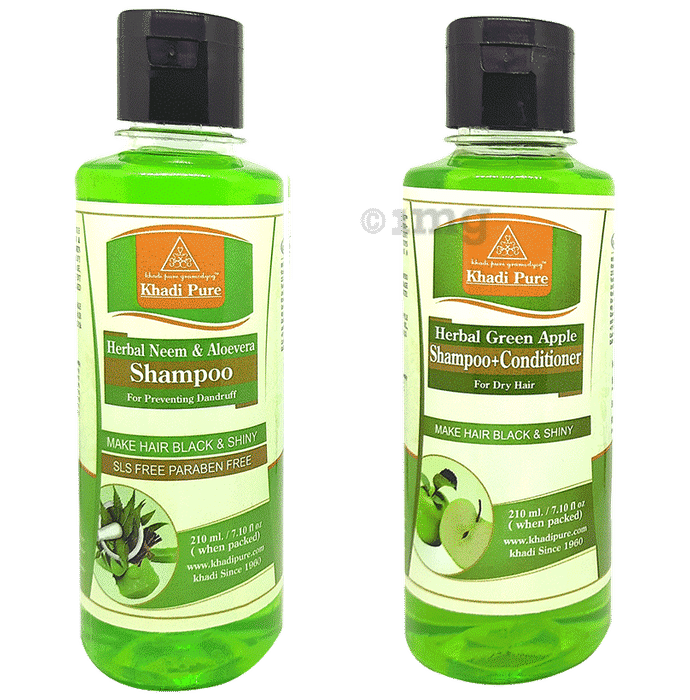 Khadi Pure Combo Pack of Herbal Green Apple Shampoo + Conditioner & Herbal Neem & Aloevera Shampoo SLS & Paraben Free (210ml Each)