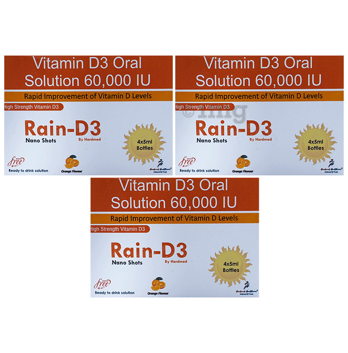 Rain D3 Vitamin D3 Oral Solution 60,000 IU Nano Shots (4x5ml Bottle Each) Orange