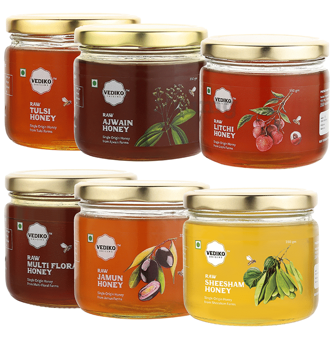 Vediko Origins Combo Pack of Raw Tulsi, Raw Jamun, Raw Litchi, Raw Ajwain, Raw Sheesham, Raw Multi Floral Honey (350ml Each)