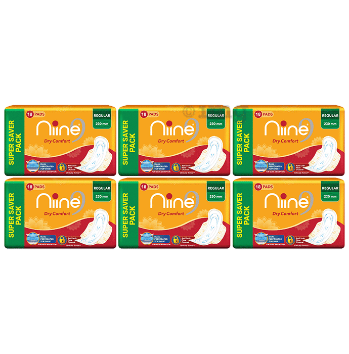 Niine Dry Comfort Sanitary Pads for Women with Anti Leak Flow Channel Technology (18 Each) Regular Super Saver Pack