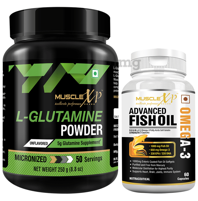 MuscleXP Combo Pack of L-Glutamine Powder Unflavoured (250gm) & Advanced Fish Oil Capsule (60)