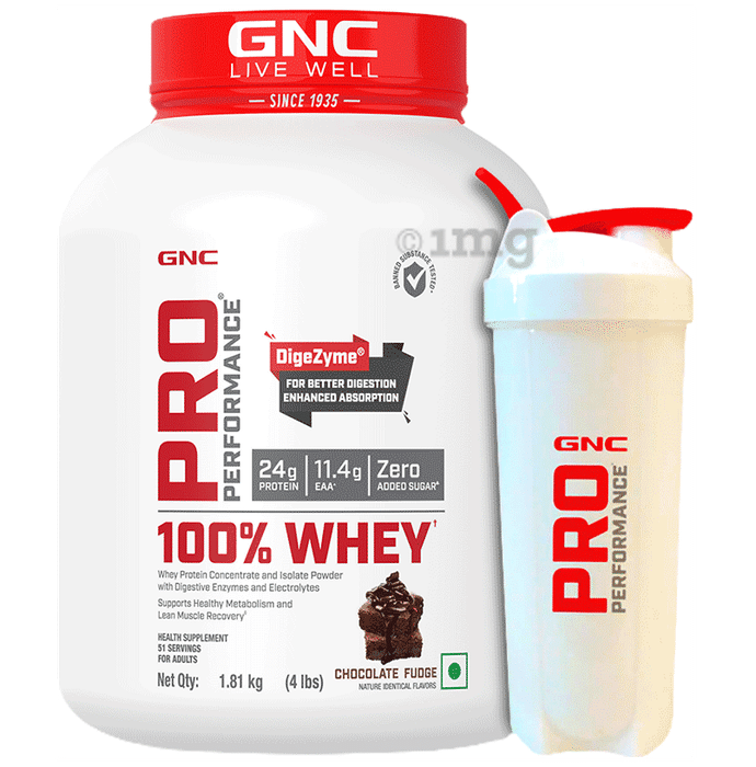 GNC Live Well Pro Performance 100% Whey Powder Chocolate Fudge with White Plastic Shaker