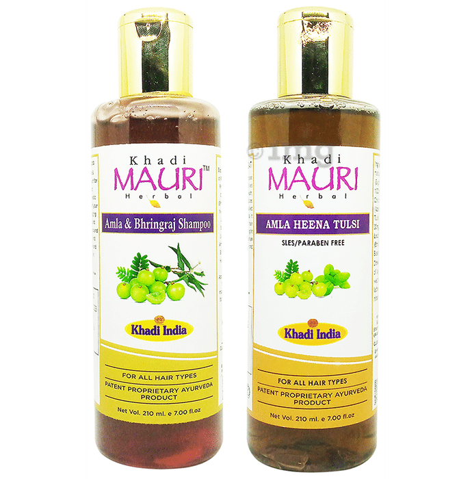 Khadi Mauri Herbal Combo Pack of Amla Bhringraj & Amla Henna Tulsi Shampoo (210ml Each)