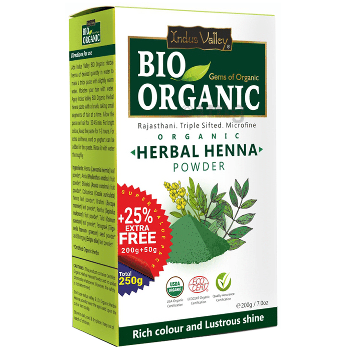 Indus Valley Bio Organic Herbal Henna Powder +25% Extra Free