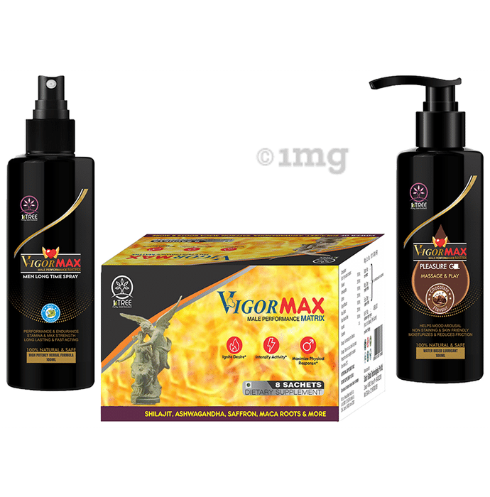 1 Tree Combo Pack of Vigor Max Sachet (8), Vigor Max Spray (100ml) & Vigor Max Pleasure Gel (100ml)