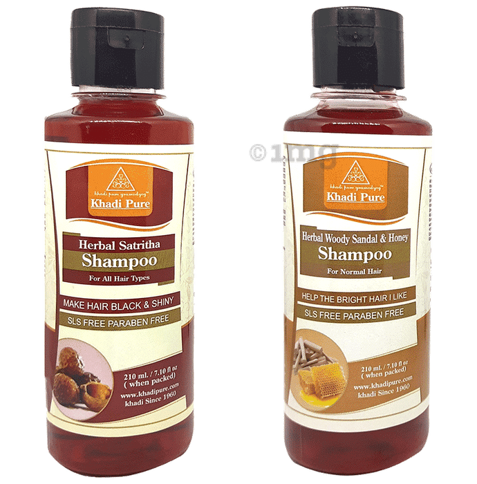 Khadi Pure Combo Pack of Herbal Satritha Shampoo & Herbal Woody Sandal & Honey Shampoo SLS Free & Paraben Free (210ml Each)