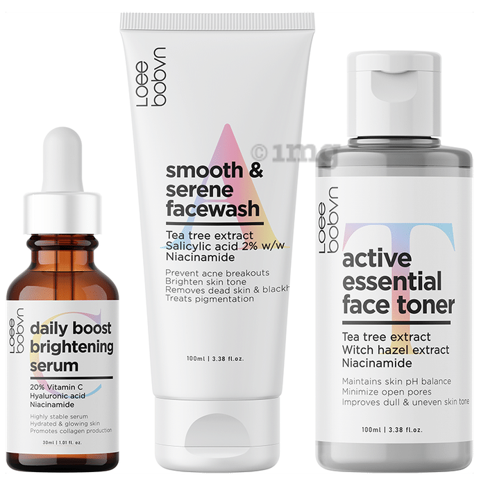Loee bobvn Combo Pack of Smooth & Serene Facewash 100ml, Active Essential Face Toner 100ml and Daily Boost Brightening Serum 30ml