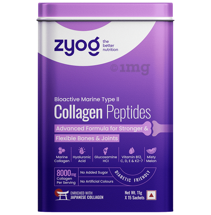 Zyog Bioactive Marine Collagen Peptides Type ll for Bones and Joints, Diabetic Friendly, Collagen Powder for Men & Women Sachet (11gm Each) Misty Melon