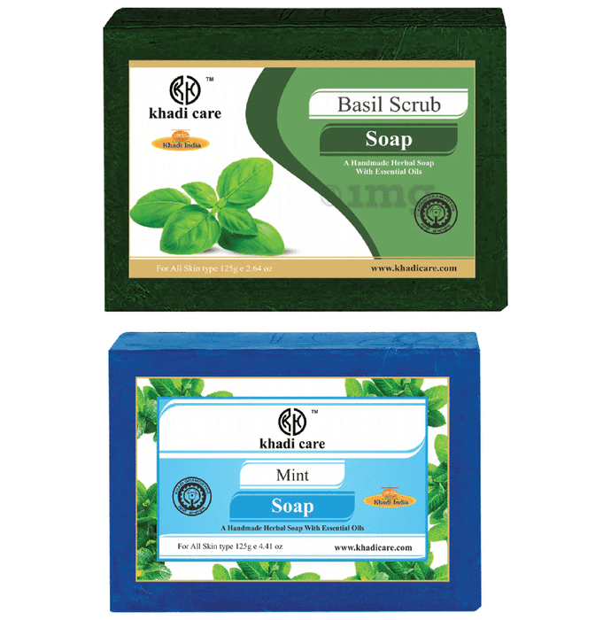 Khadi Care Combo Pack of Herbal Basil Scrub Soap & Mint Soap (125gm Each)