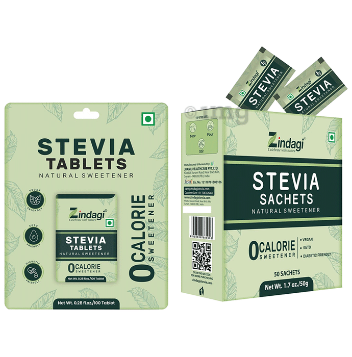 Zindagi Combo Pack of Stevia Tablets (100 Each) and Stevia Sachets (50 Each)