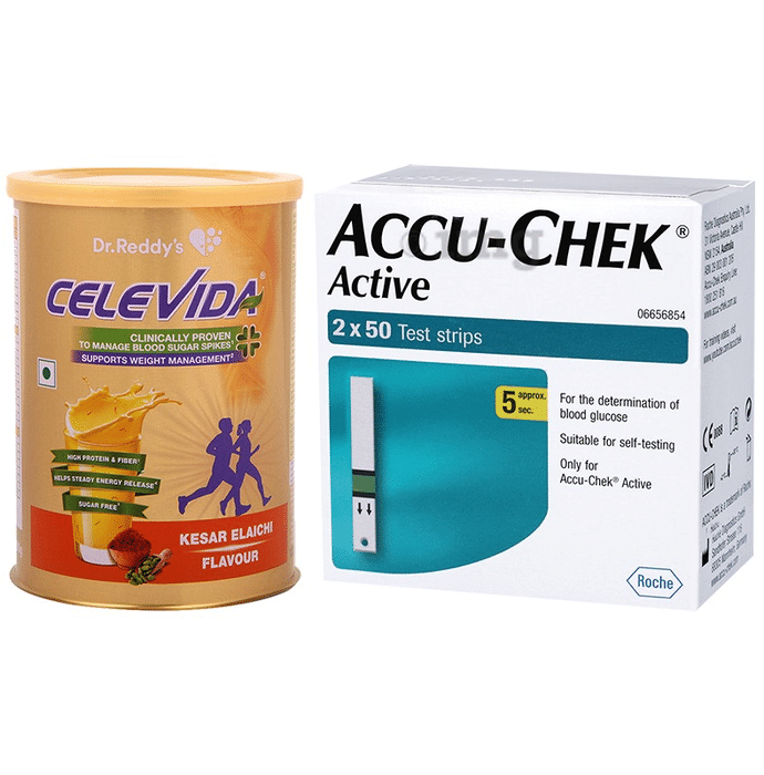 Combo Pack of Celevida Kesar Elaichi Nutrition Health Drink 400gm &  Accu-Chek Active 100 Test Strip