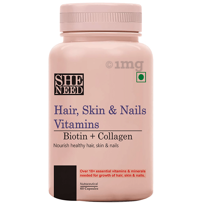 SheNeed Hair, Skin & Nails Vitamins Biotin+Collagen Nutraceutical Capsule:  Buy bottle of 60 capsules at best price in India | 1mg