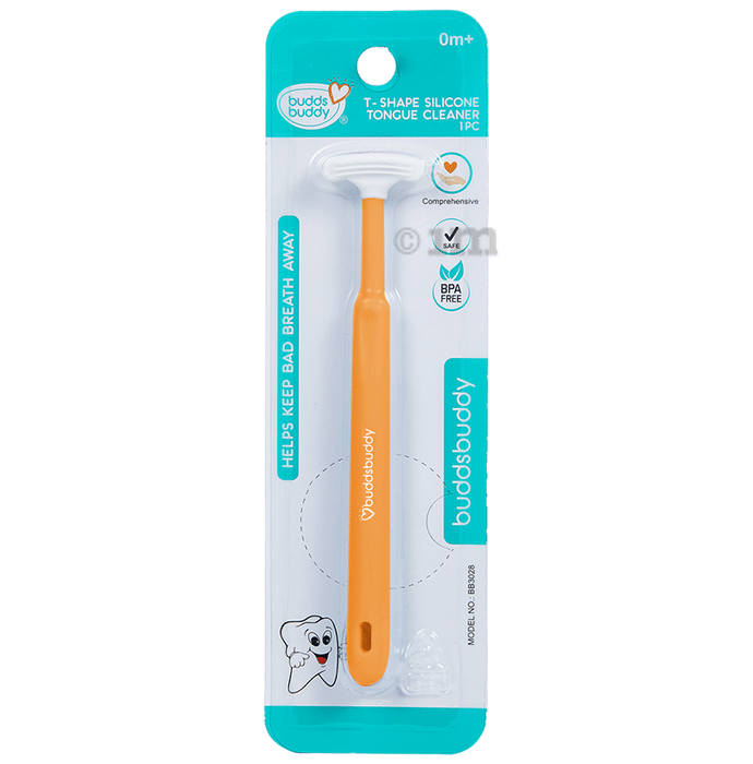 Buddsbuddy BPA Free T-Shape Kids Tongue Cleaner With Non Slip Thumb Grip Orange