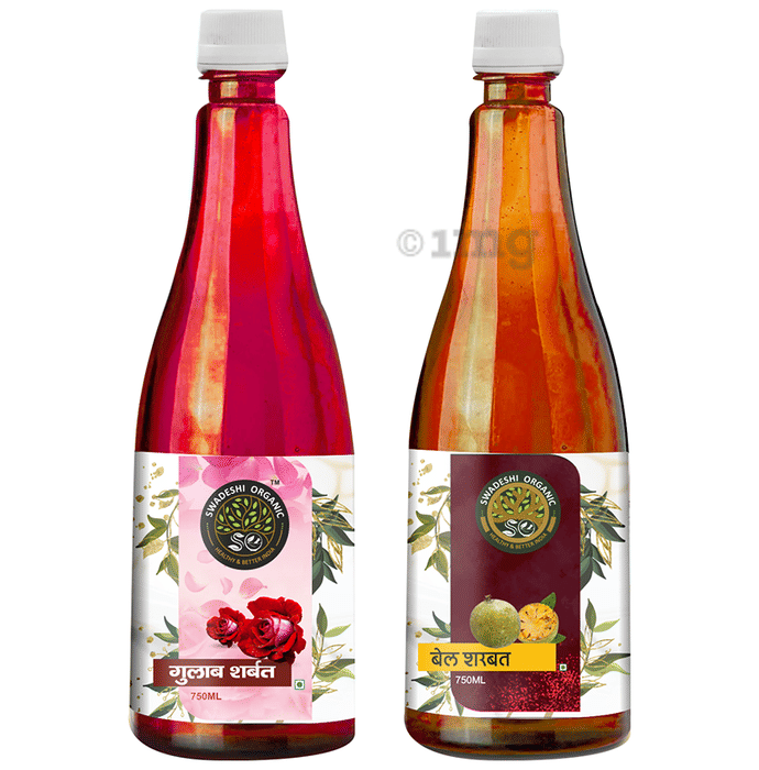 Swadeshi Organic Combo Pack of Bel Sharbat & Gulab Sharbat (750ml Each)