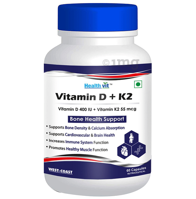 HealthVit Vitamin D (400 IU) & Vitamin K2 (55mcg) for Bone, Brain, Heart, Immunity & Muscle Health | Capsule