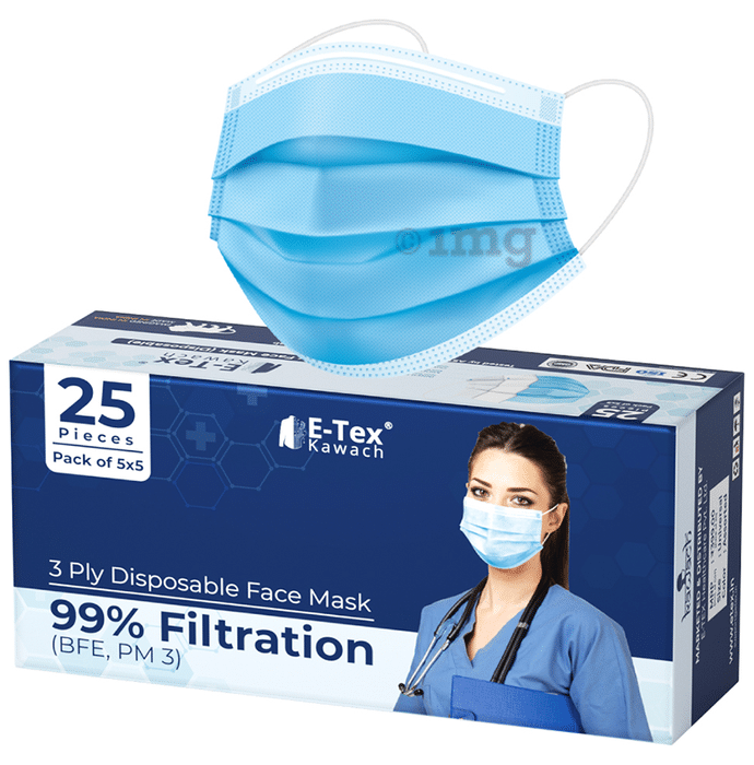 E-Tex Kawach 99% Filtration 3 Ply Disposable Face Mask Free Size Blue