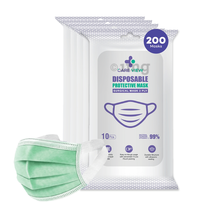 Care View 3 Ply Surgical Disposable Protective Mask with Soft Fabric Earloop (10 Each) Green
