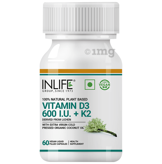 Inlife 100% Natural Plant Based Vitamin D3 600I.U. + K2 for Bones, Teeth & Immunity | Liquid Filled Capsule