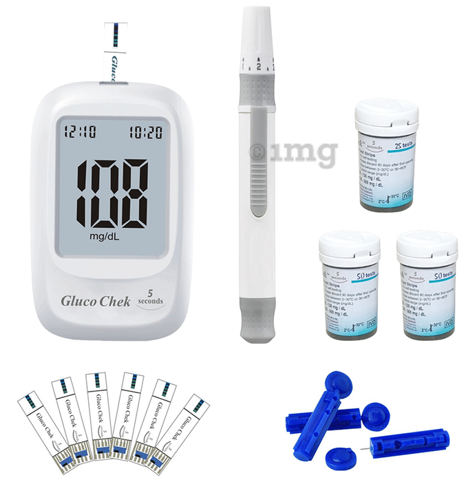 Aspen Gluco Chek Blood Glucose Glucometer Kit with 25 + 100 Strips, 10 Lancets and A Lancing Device Free