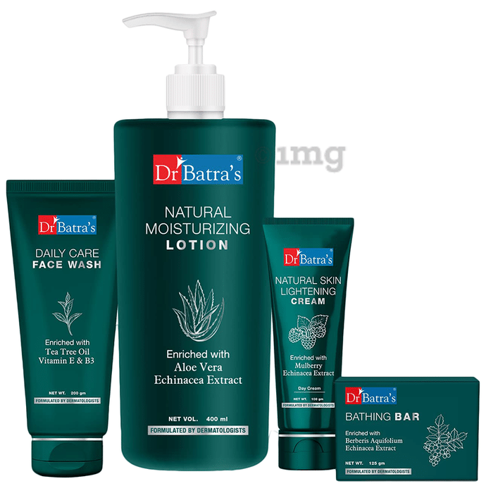 Dr Batra's Combo Pack of Bathing Bar 125gm, Natural Skin Lightening Cream 100gm, Face Wash Daily Care 200gm and Natural Moisturizing Lotion 400ml